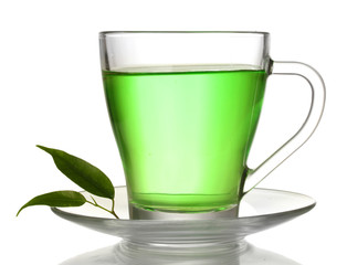 Transparent cup of green tea, isolated on white