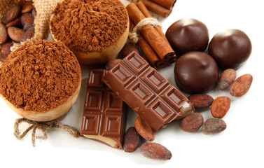 Composition of chocolate sweets, cocoa and spices, isolated