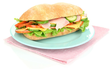 Fresh and tasty sandwich with ham and vegetables isolated