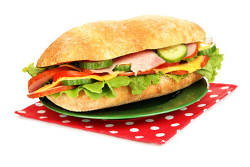 Fresh and tasty sandwich with ham and vegetables isolated