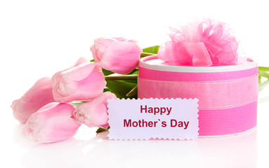 Beautiful bouquet of pink tulips and gift for Mother's Day,