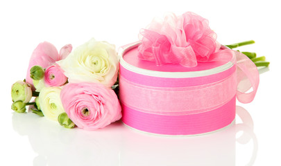 Ranunculus (persian buttercups) and gift, isolated on white