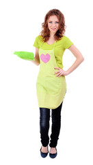 Young woman wearing kitchen apron with with cooking mittens,