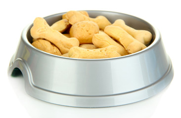 Dry dog treats in bowl isolated on white