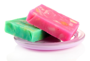 Soap-dish with natural handmade soap, isolated on white