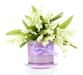 Beautiful lily of the valley in vase isolated on white