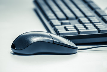 Computer keyboard and mouse processed as duotone