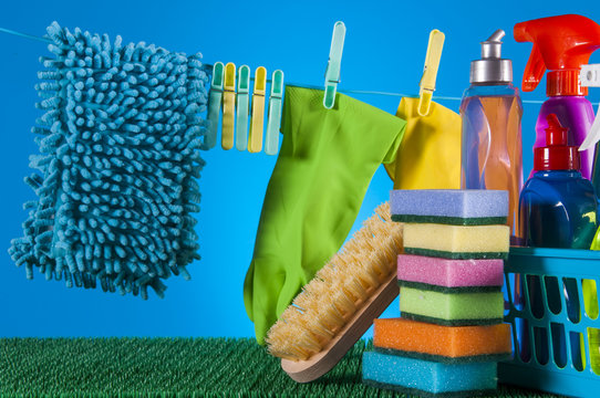 Washing and cleaning concept, cleaning set on blue background