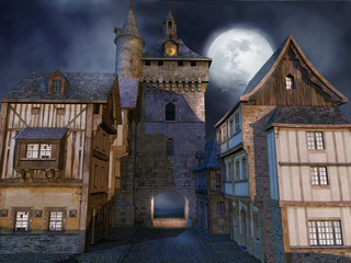 Średniowieczne budynki nocą