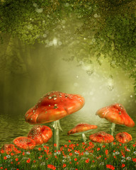Czerwone grzyby nad kolorowym stawem © Obsidian Fantasy