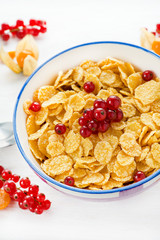 Bowl of cornflakes with red currant for breakfast