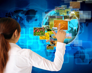 women Hand pushing button streaming multimedia from internet