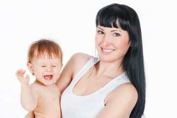 Mom and baby, on a gray background