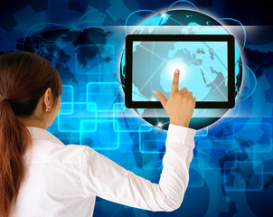 Hands with world mail delivery on world map background