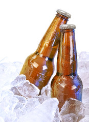 Two Alcohol Brown Glass Beer Bottles on White