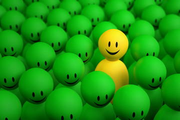 3d yellow man comes out from a green crowd