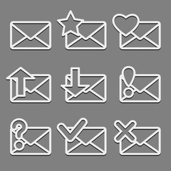 Mail envelope web icons set on dark background.