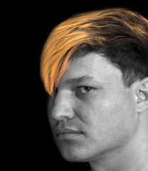 black and white portrait of a man with yellow hair