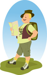 Happy hiker with a backpack looking at the map