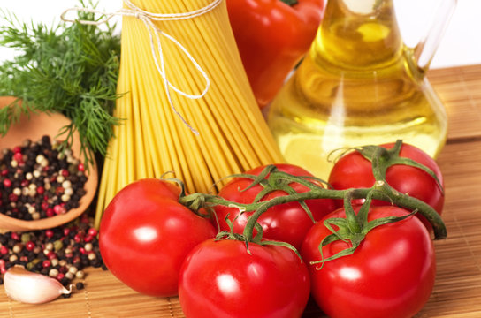 Italian pasta with vegetables, olive oil and spices