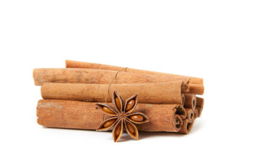 cinnamon and star anise, isolated on white background