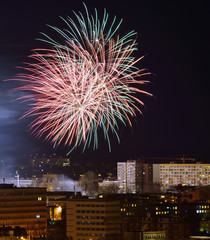 Fireworks over the city. Bydgoszcz in Poland.