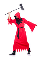 Executioner in red costume with axe on white