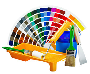 plastic can with paint, roller, brushes