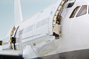 Right board of airplane in airport closeup