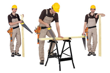 Carpenter using handsaw