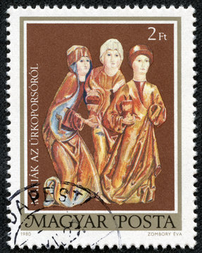 stamp printed by Hungary, shows Three Marys