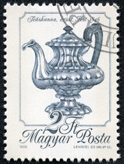 stamp printed in Hungary shows Silver Teapot, Pest, 1846