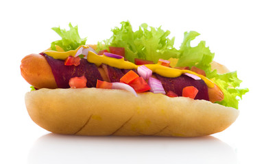 Hot Dog bacon with tomato , onions , lettuce, mustard and ketchu