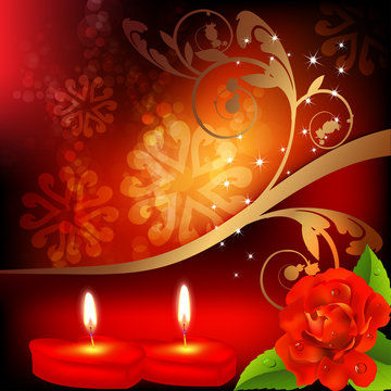 Valentine background. Red roses and two heart candles.