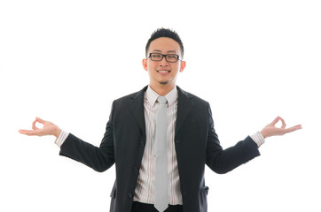 asian chinese business male performing yoga ,standing