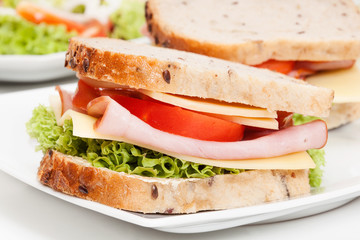 Ham and cheese sandwiches on plate