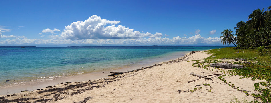 Panorama on a wild beach, Zapatillas islands, Panama, Central America, Caribbean sea