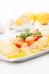 Shrimp with rice. Selective focus