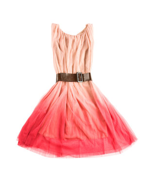 Pink Tulle Tie Dye Evase Tank Dress With Wide Leather Belt