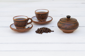Set de cafe, original, cubano, tetera, tasa, granos y azucarera.