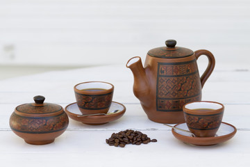 Set de cafe, original, cubano, tetera, tasa, granos y azucarera.