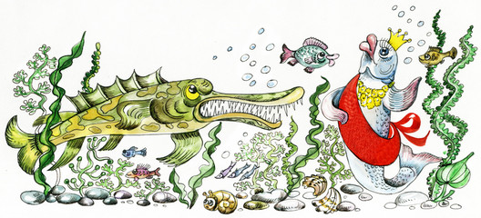 Illustration of two cartoon fishes