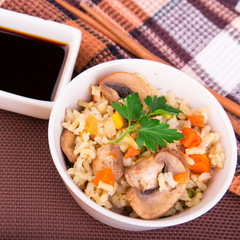 Rice with vegetables and mushrooms with soy sauce
