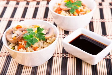 Rice with vegetables and mushrooms with soy sauce