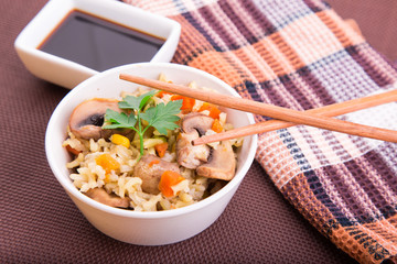 Rice with vegetables and mushrooms with soy sauce