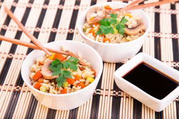 Rice with vegetables and mushrooms with soy sauce