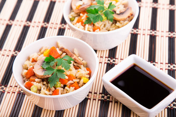 Rice with vegetables and mushrooms with soy sauce