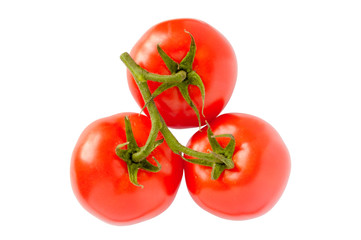 Three red tomatoes isolated on white background. 