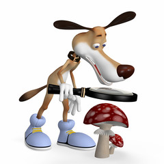 Illustration. The dog examines a mushroom.