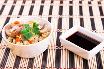 Rice with vegetables and mushrooms with soy sauce